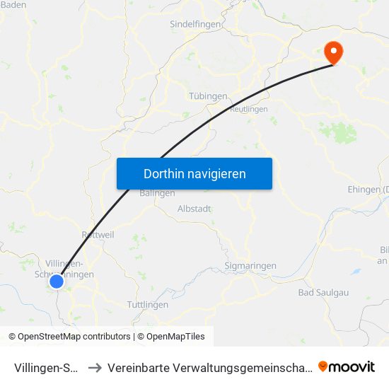 Villingen-Schwenningen to Vereinbarte Verwaltungsgemeinschaft Der Stadt Weilheim An Der Teck map