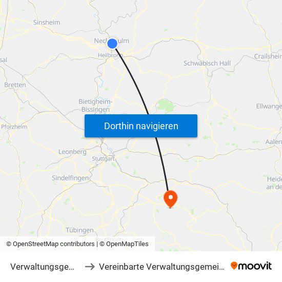Verwaltungsgemeinschaft Neckarsulm to Vereinbarte Verwaltungsgemeinschaft Der Stadt Weilheim An Der Teck map