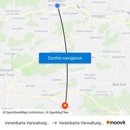 Vereinbarte Verwaltungsgemeinschaft Der Stadt Ebersbach An Der Fils to Vereinbarte Verwaltungsgemeinschaft Der Stadt Weilheim An Der Teck map