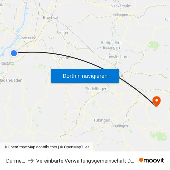 Durmersheim to Vereinbarte Verwaltungsgemeinschaft Der Stadt Weilheim An Der Teck map