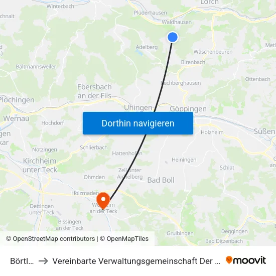 Börtlingen to Vereinbarte Verwaltungsgemeinschaft Der Stadt Weilheim An Der Teck map