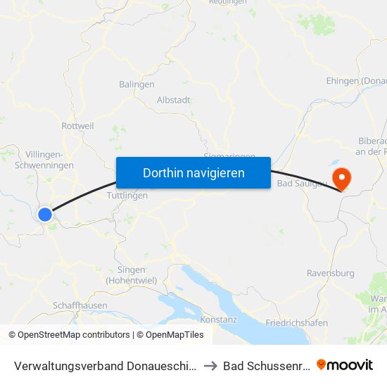 Verwaltungsverband Donaueschingen to Bad Schussenried map