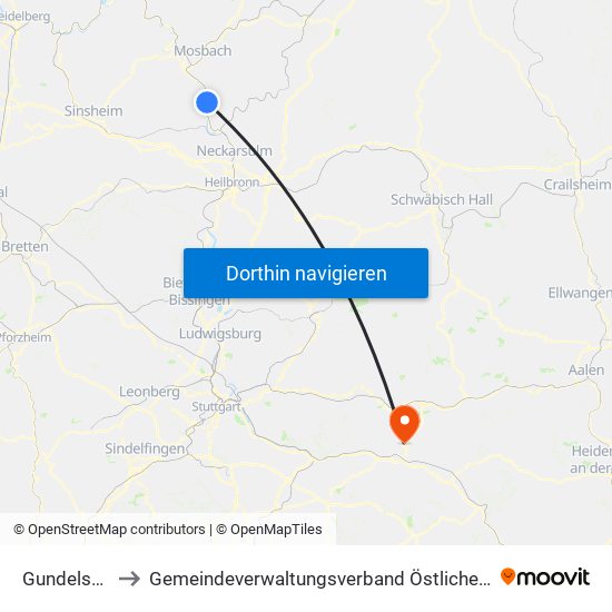 Gundelsheim to Gemeindeverwaltungsverband Östlicher Schurwald map