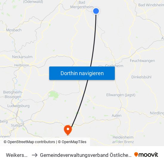 Weikersheim to Gemeindeverwaltungsverband Östlicher Schurwald map