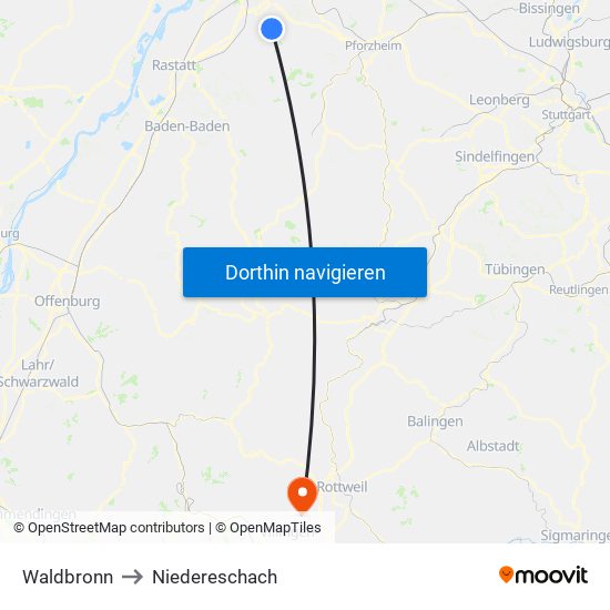 Waldbronn to Niedereschach map