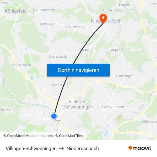 Villingen-Schwenningen to Niedereschach map