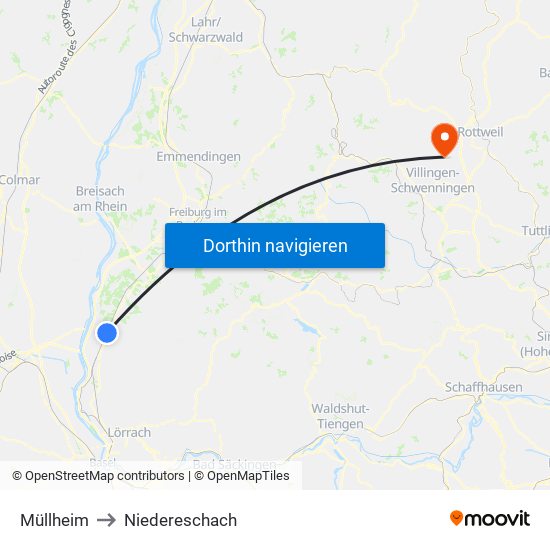 Müllheim to Niedereschach map