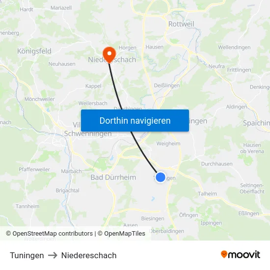 Tuningen to Niedereschach map