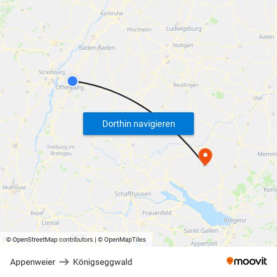 Appenweier to Königseggwald map