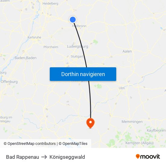 Bad Rappenau to Königseggwald map