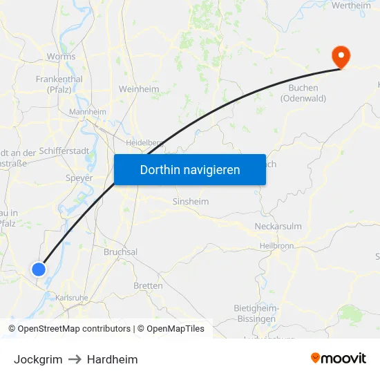 Jockgrim to Hardheim map