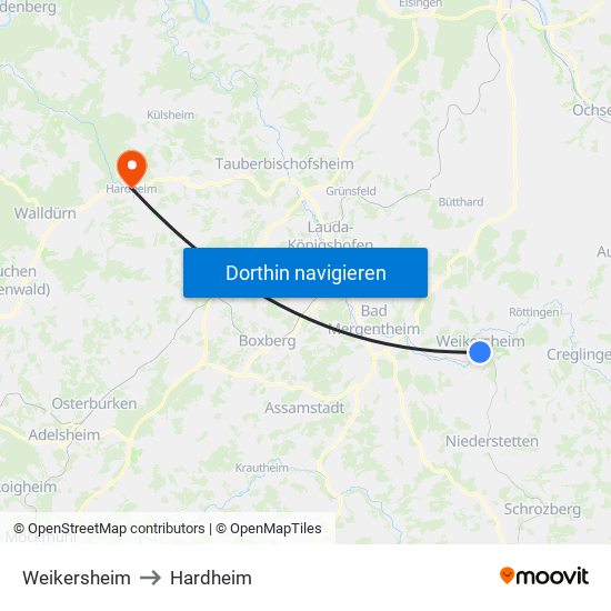 Weikersheim to Hardheim map