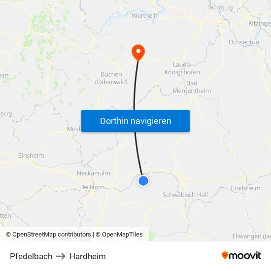 Pfedelbach to Hardheim map