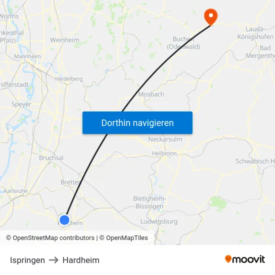 Ispringen to Hardheim map