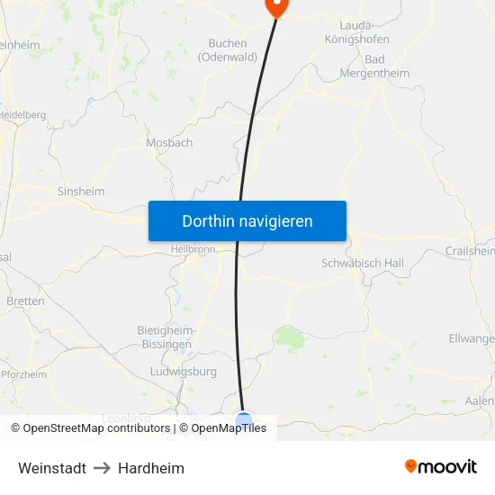Weinstadt to Hardheim map