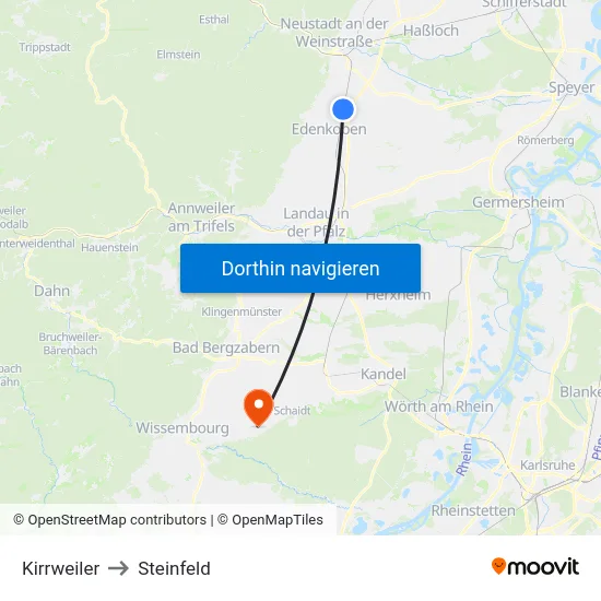 Kirrweiler to Steinfeld map