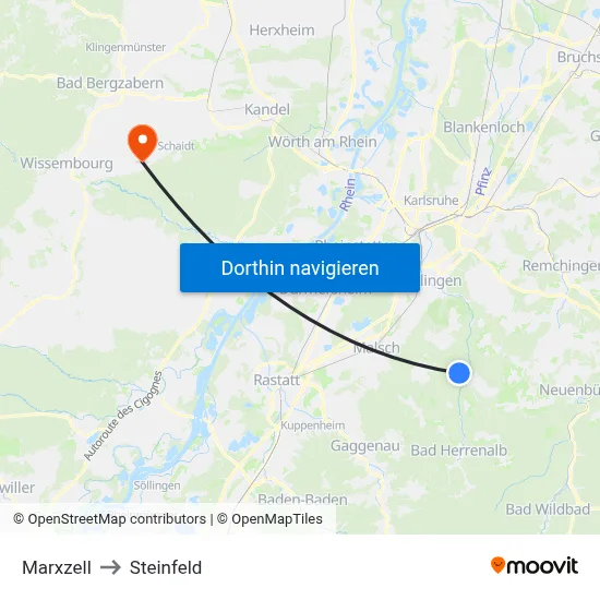 Marxzell to Steinfeld map