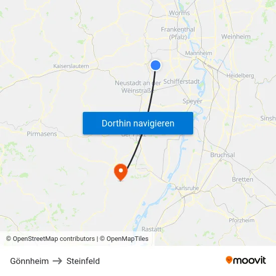 Gönnheim to Steinfeld map