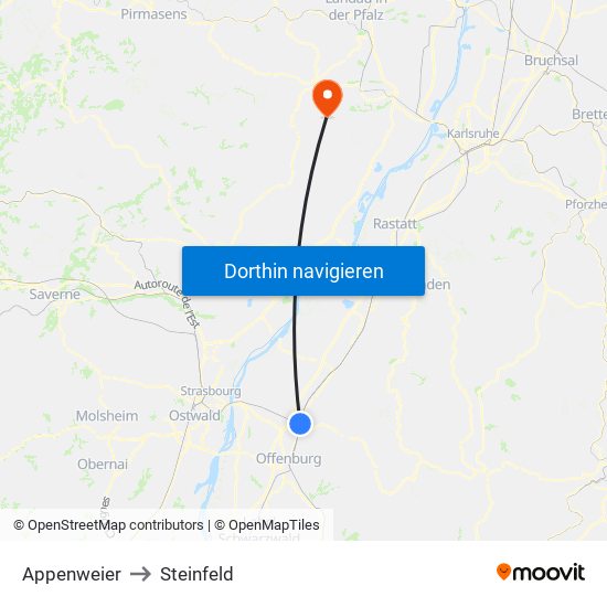 Appenweier to Steinfeld map