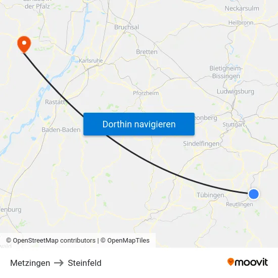 Metzingen to Steinfeld map