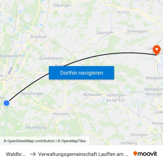 Waldbronn to Verwaltungsgemeinschaft Lauffen am Neckar map