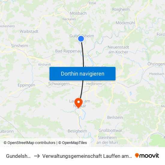 Gundelsheim to Verwaltungsgemeinschaft Lauffen am Neckar map