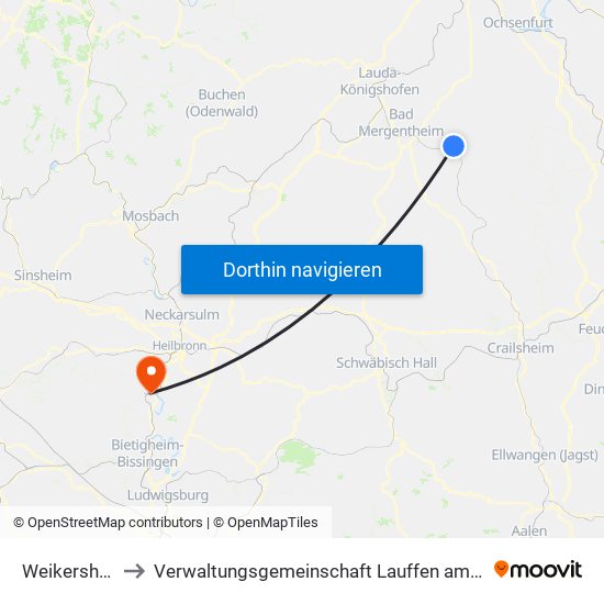 Weikersheim to Verwaltungsgemeinschaft Lauffen am Neckar map