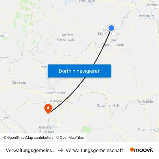 Verwaltungsgemeinschaft Grünsfeld to Verwaltungsgemeinschaft Lauffen am Neckar map