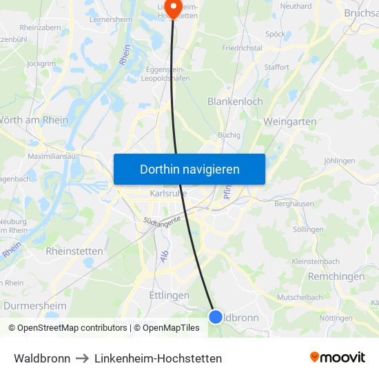 Waldbronn to Linkenheim-Hochstetten map