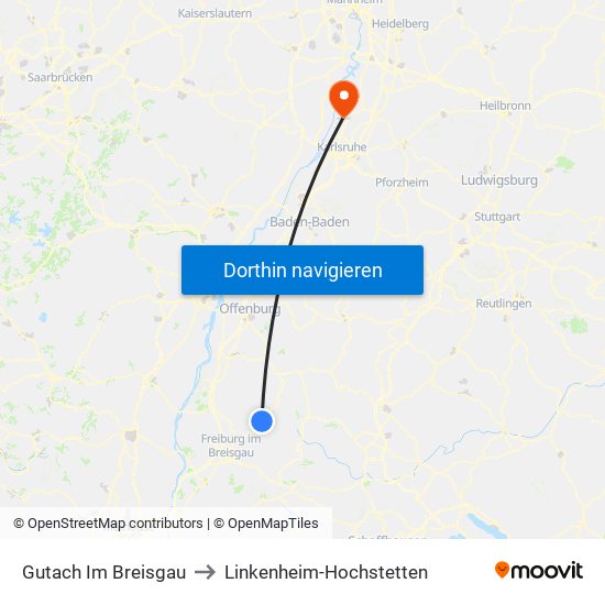 Gutach Im Breisgau to Linkenheim-Hochstetten map