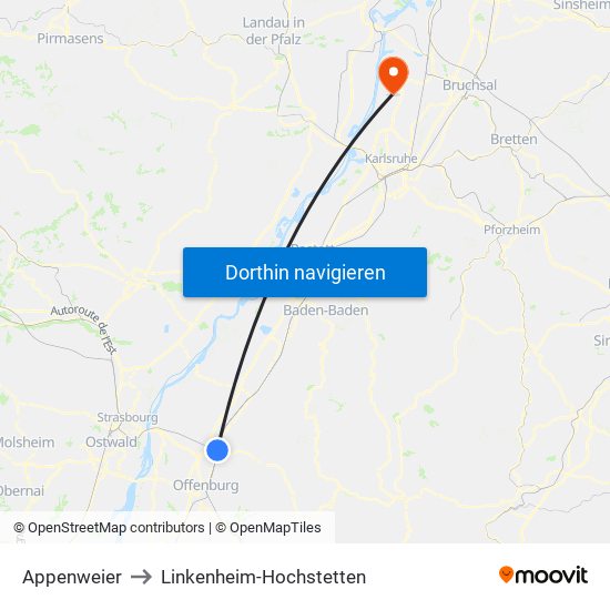 Appenweier to Linkenheim-Hochstetten map