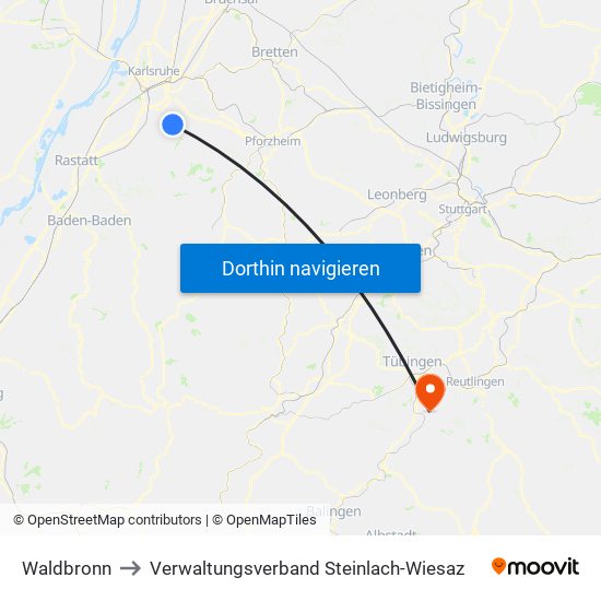 Waldbronn to Verwaltungsverband Steinlach-Wiesaz map