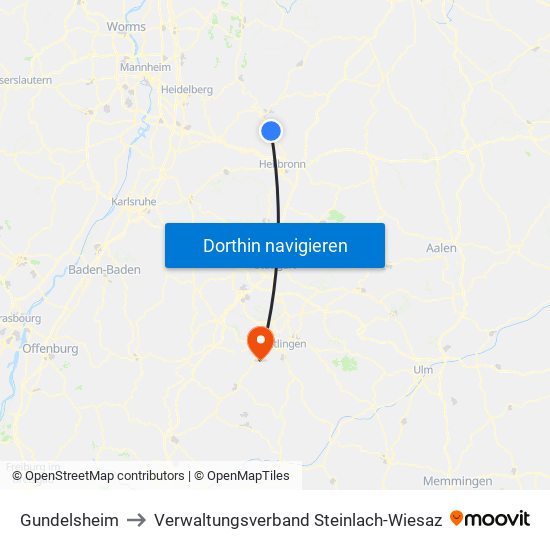 Gundelsheim to Verwaltungsverband Steinlach-Wiesaz map