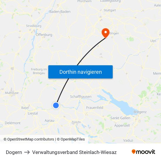 Dogern to Verwaltungsverband Steinlach-Wiesaz map