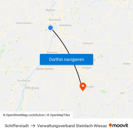 Schifferstadt to Verwaltungsverband Steinlach-Wiesaz map