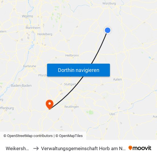 Weikersheim to Verwaltungsgemeinschaft Horb am Neckar map