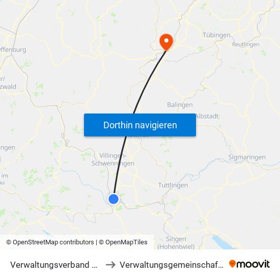 Verwaltungsverband Donaueschingen to Verwaltungsgemeinschaft Horb am Neckar map