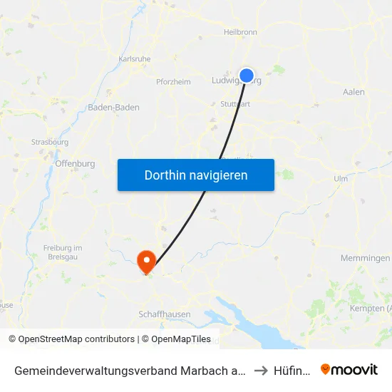 Gemeindeverwaltungsverband Marbach am Neckar to Hüfingen map