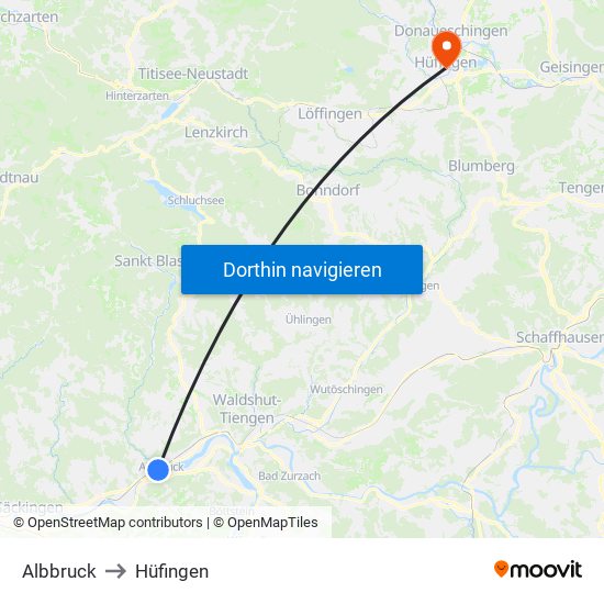 Albbruck to Hüfingen map