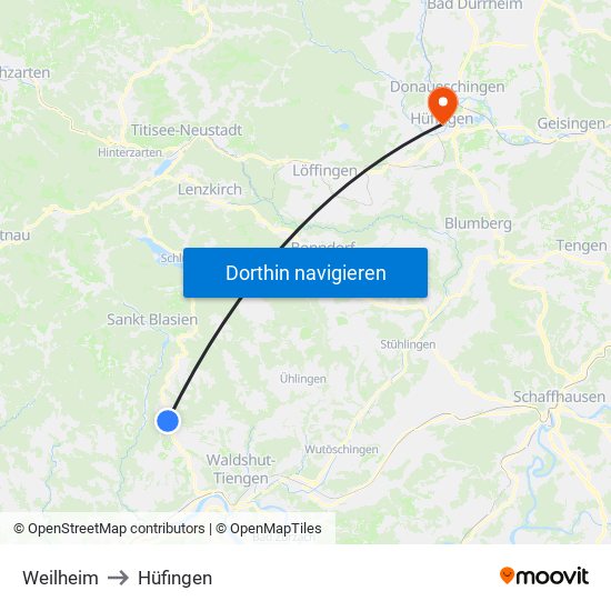 Weilheim to Hüfingen map