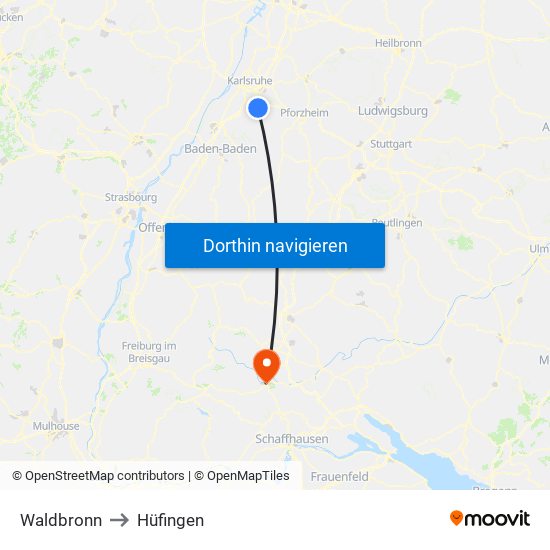 Waldbronn to Hüfingen map