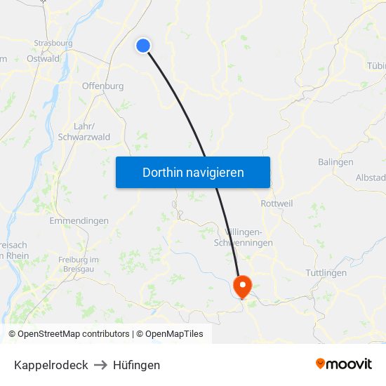 Kappelrodeck to Hüfingen map