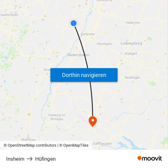 Insheim to Hüfingen map