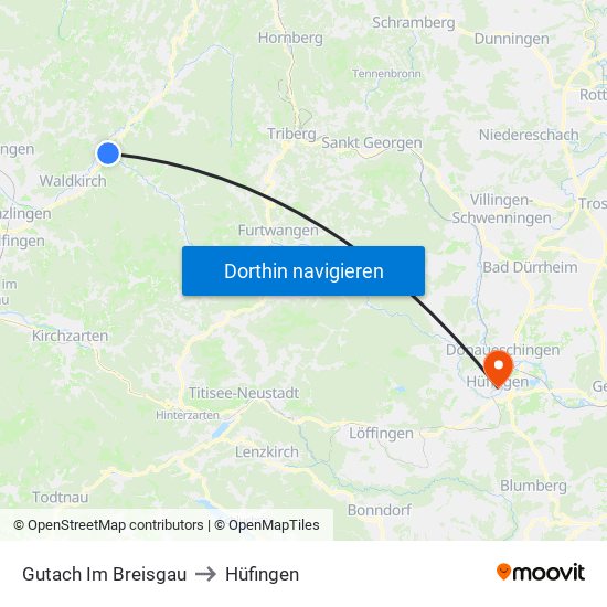 Gutach Im Breisgau to Hüfingen map