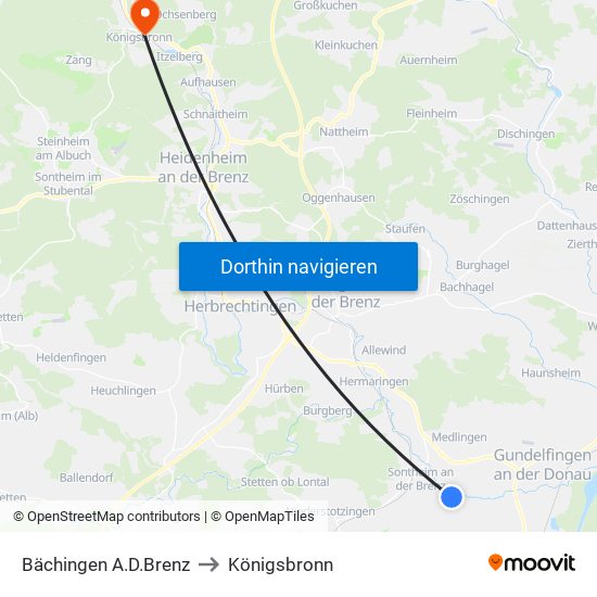 Bächingen A.D.Brenz to Königsbronn map