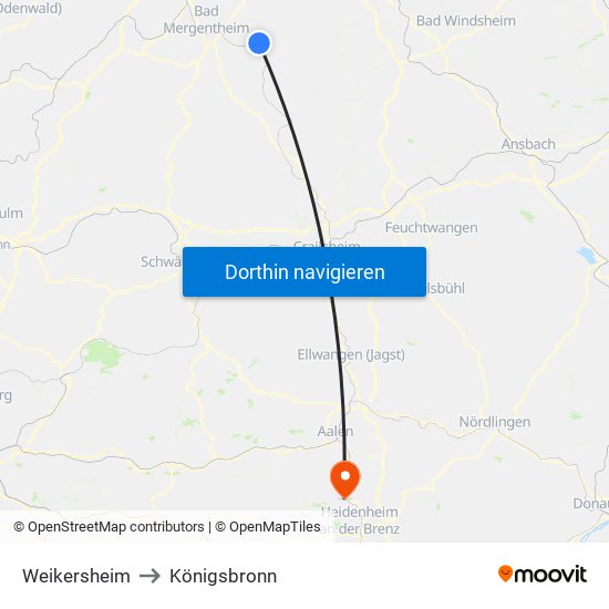 Weikersheim to Königsbronn map