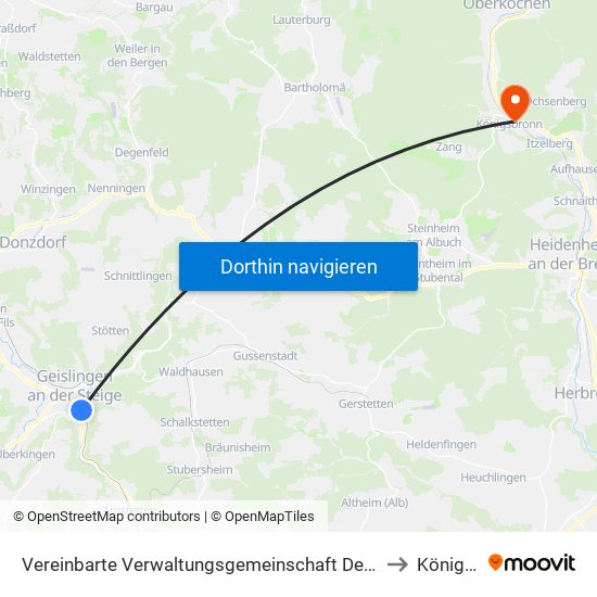 Vereinbarte Verwaltungsgemeinschaft Der Stadt Geislingen An Der Steige to Königsbronn map
