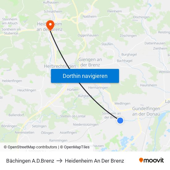 Bächingen A.D.Brenz to Heidenheim An Der Brenz map