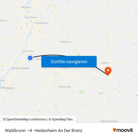 Waldbronn to Heidenheim An Der Brenz map