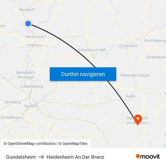 Gundelsheim to Heidenheim An Der Brenz map